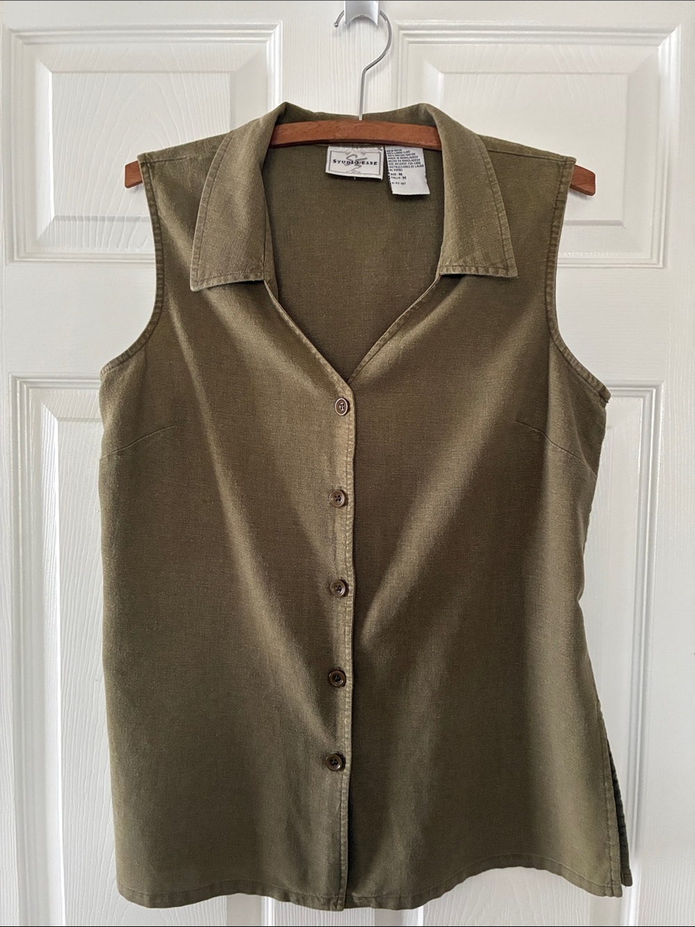 Studio Ease Vintage Linen Blend Sleeveless Button Down Vest Top Khaki M